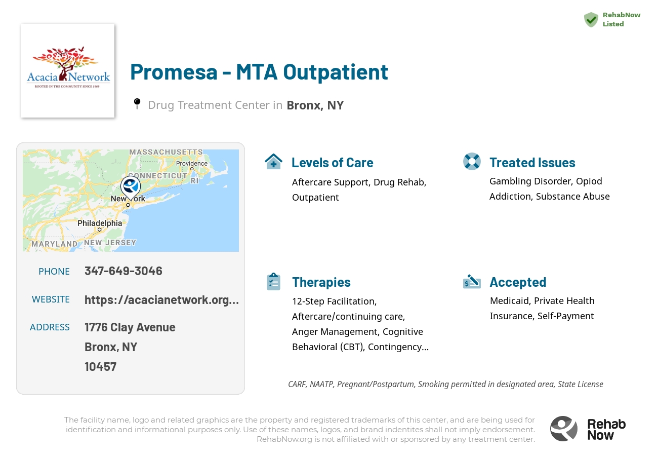 Helpful reference information for Promesa -  MTA Outpatient, a drug treatment center in New York located at: 1776 Clay Avenue, Bronx, NY 10457, including phone numbers, official website, and more. Listed briefly is an overview of Levels of Care, Therapies Offered, Issues Treated, and accepted forms of Payment Methods.