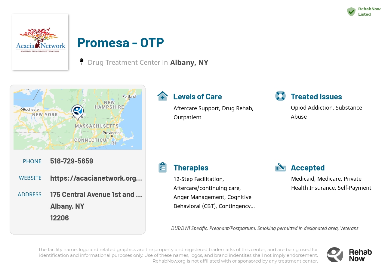 Helpful reference information for Promesa  - OTP, a drug treatment center in New York located at: 175 Central Avenue 1st and 4th Floors, Albany, NY 12206, including phone numbers, official website, and more. Listed briefly is an overview of Levels of Care, Therapies Offered, Issues Treated, and accepted forms of Payment Methods.