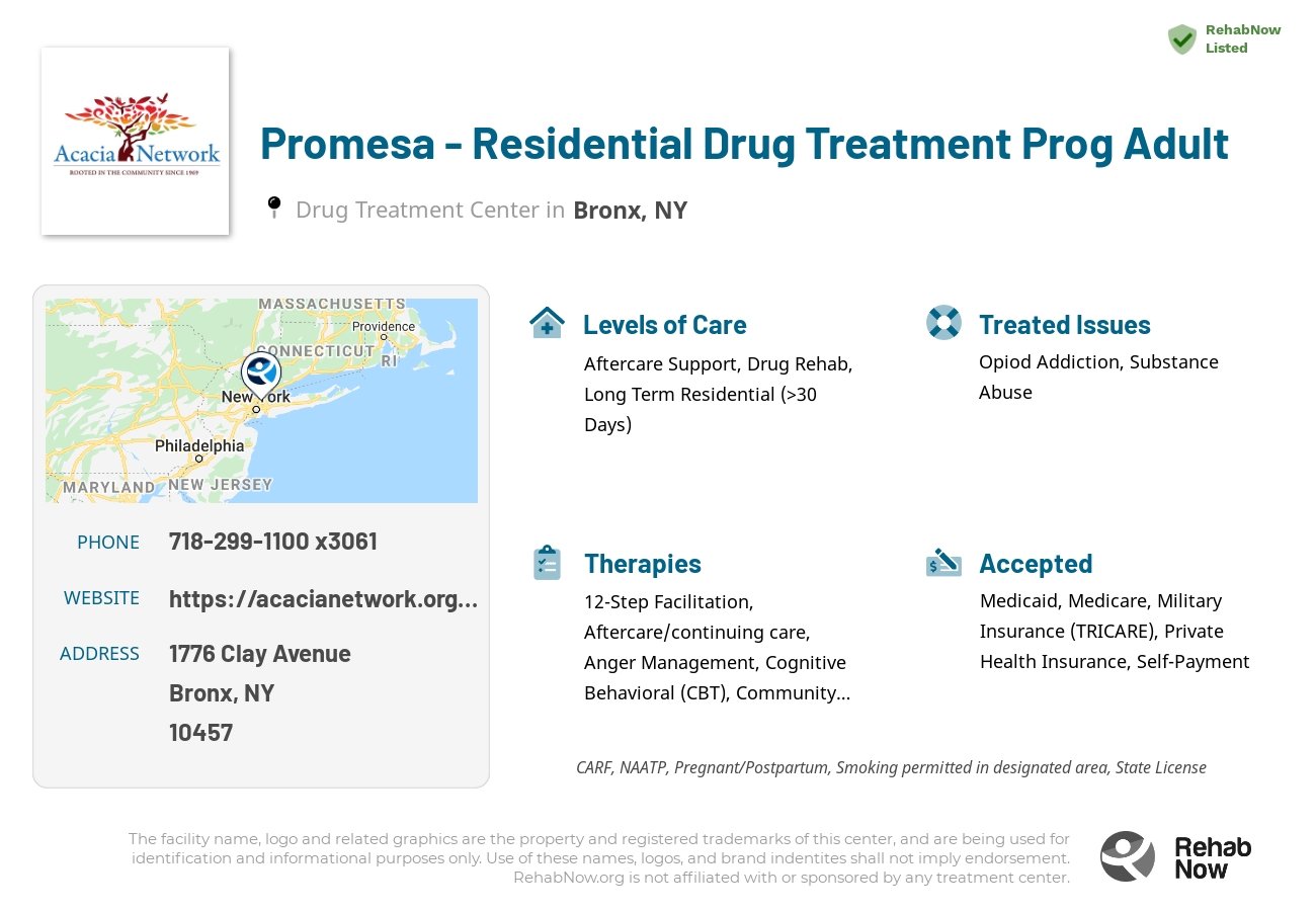 Helpful reference information for Promesa  - Residential Drug Treatment Prog Adult, a drug treatment center in New York located at: 1776 Clay Avenue, Bronx, NY 10457, including phone numbers, official website, and more. Listed briefly is an overview of Levels of Care, Therapies Offered, Issues Treated, and accepted forms of Payment Methods.