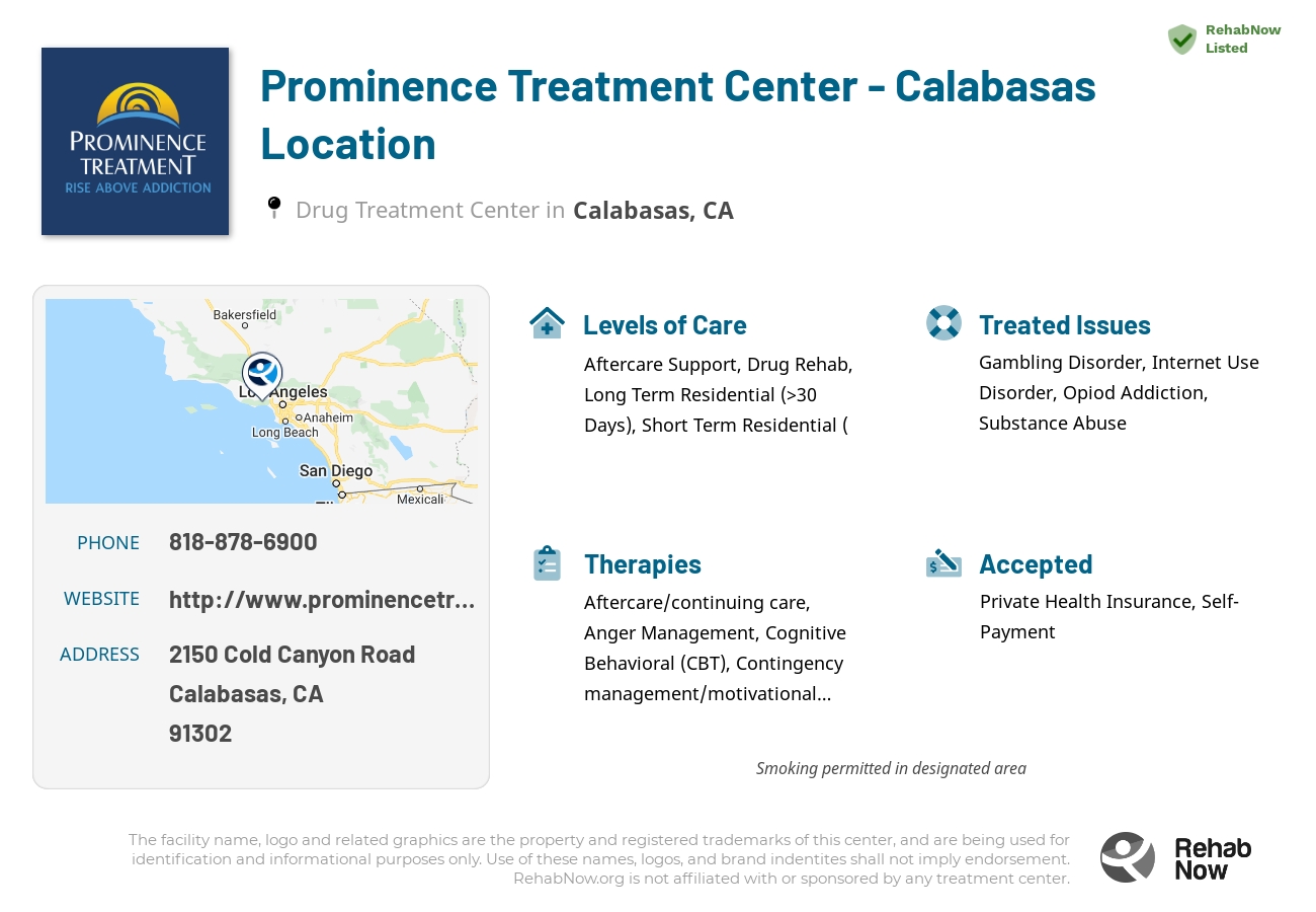 Helpful reference information for Prominence Treatment Center - Calabasas Location, a drug treatment center in California located at: 2150 Cold Canyon Road, Calabasas, CA 91302, including phone numbers, official website, and more. Listed briefly is an overview of Levels of Care, Therapies Offered, Issues Treated, and accepted forms of Payment Methods.