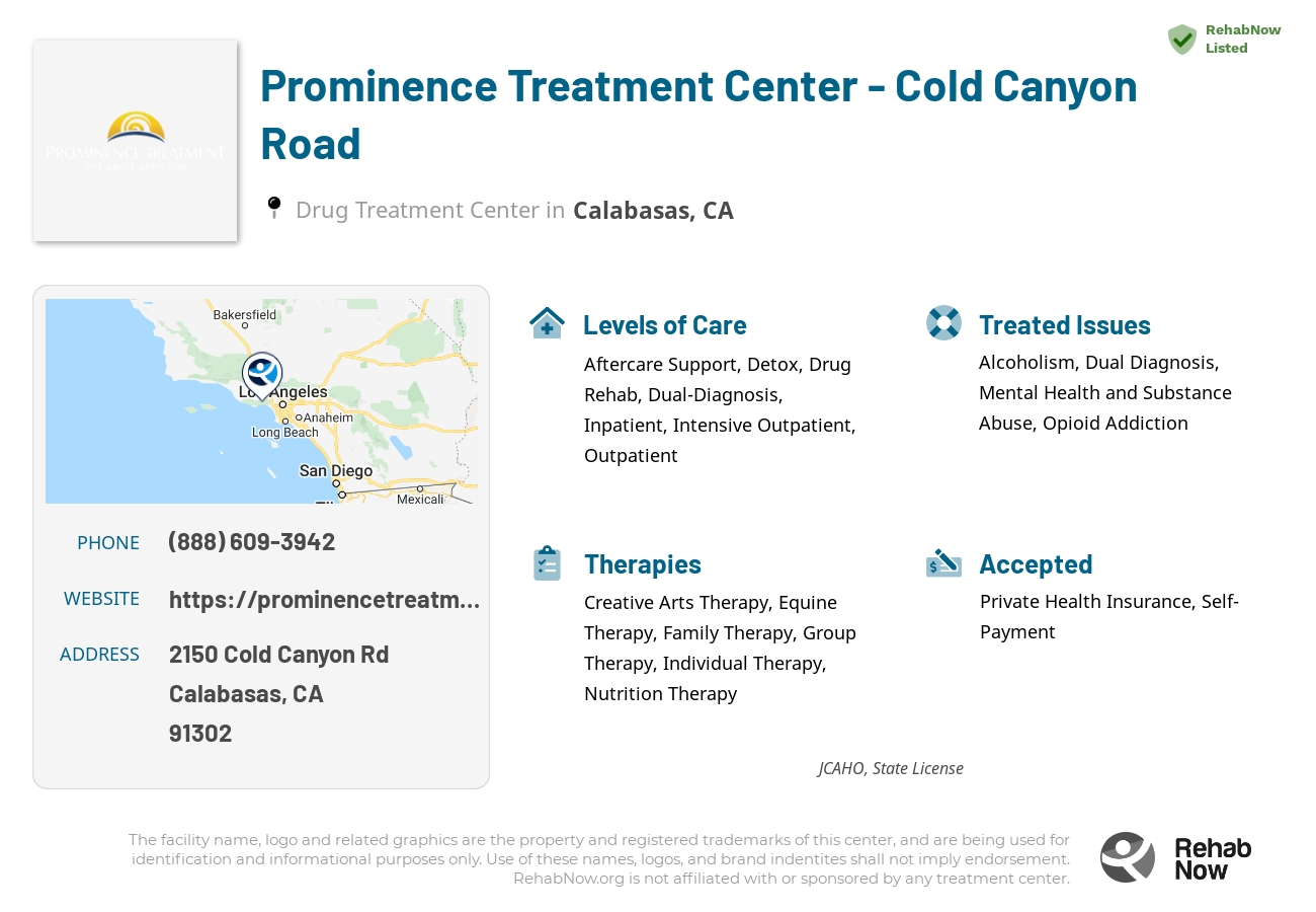 Helpful reference information for Prominence Treatment Center - Cold Canyon Road, a drug treatment center in California located at: 2150 Cold Canyon Rd, Calabasas, CA 91302, including phone numbers, official website, and more. Listed briefly is an overview of Levels of Care, Therapies Offered, Issues Treated, and accepted forms of Payment Methods.