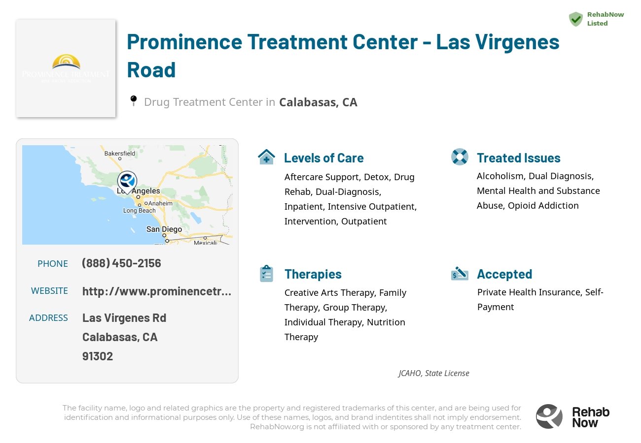 Helpful reference information for Prominence Treatment Center - Las Virgenes Road, a drug treatment center in California located at: Las Virgenes Rd, Calabasas, CA 91302, including phone numbers, official website, and more. Listed briefly is an overview of Levels of Care, Therapies Offered, Issues Treated, and accepted forms of Payment Methods.