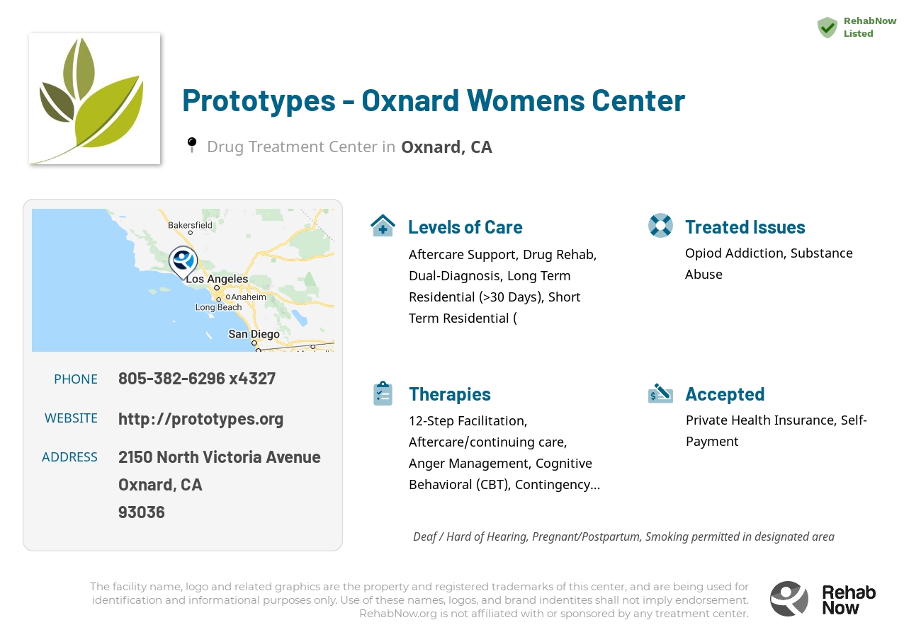 Helpful reference information for Prototypes - Oxnard Womens Center, a drug treatment center in California located at: 2150 North Victoria Avenue, Oxnard, CA 93036, including phone numbers, official website, and more. Listed briefly is an overview of Levels of Care, Therapies Offered, Issues Treated, and accepted forms of Payment Methods.