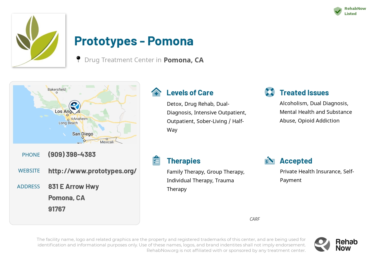 Helpful reference information for Prototypes - Pomona, a drug treatment center in California located at: 831 E Arrow Hwy, Pomona, CA 91767, including phone numbers, official website, and more. Listed briefly is an overview of Levels of Care, Therapies Offered, Issues Treated, and accepted forms of Payment Methods.