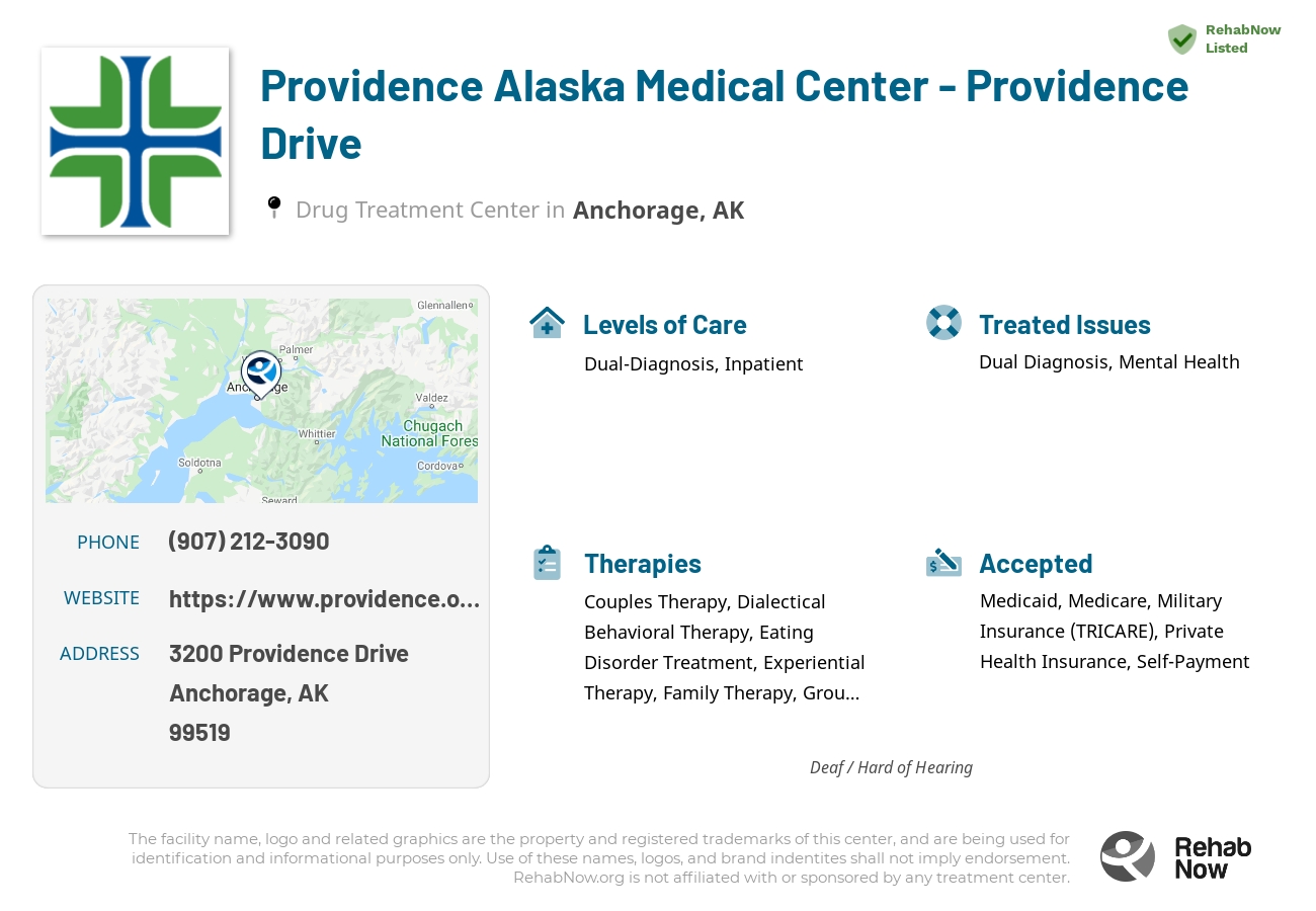 Helpful reference information for Providence Alaska Medical Center - Providence Drive, a drug treatment center in Alaska located at: 3200 Providence Drive, Anchorage, AK, 99519, including phone numbers, official website, and more. Listed briefly is an overview of Levels of Care, Therapies Offered, Issues Treated, and accepted forms of Payment Methods.