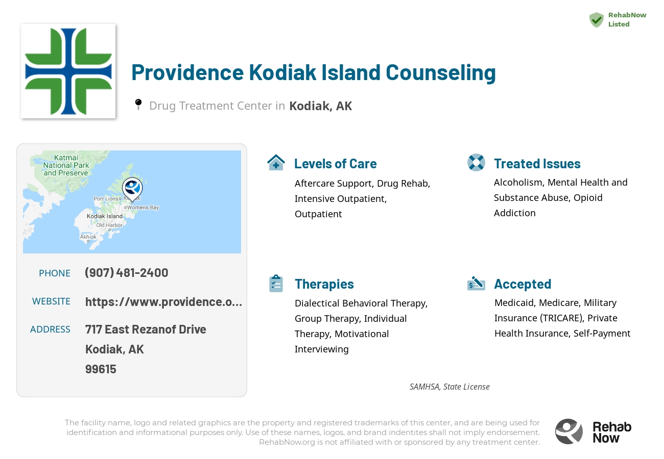 Helpful reference information for Providence Kodiak Island Counseling, a drug treatment center in Alaska located at: 717 East Rezanof Drive, Kodiak, AK, 99615, including phone numbers, official website, and more. Listed briefly is an overview of Levels of Care, Therapies Offered, Issues Treated, and accepted forms of Payment Methods.