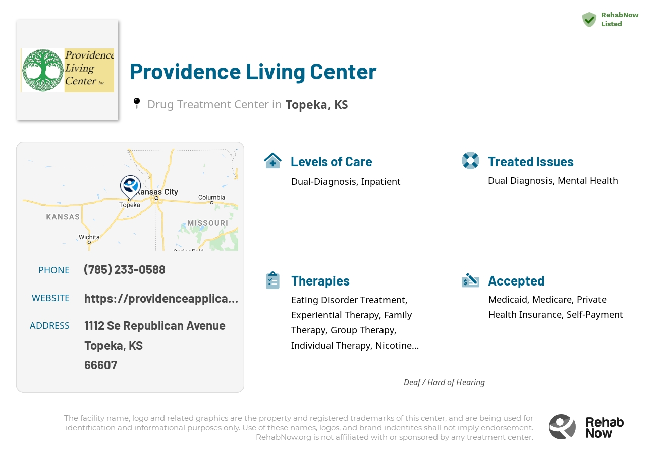 Helpful reference information for Providence Living Center, a drug treatment center in Kansas located at: 1112 1112 Se Republican Avenue, Topeka, KS 66607, including phone numbers, official website, and more. Listed briefly is an overview of Levels of Care, Therapies Offered, Issues Treated, and accepted forms of Payment Methods.