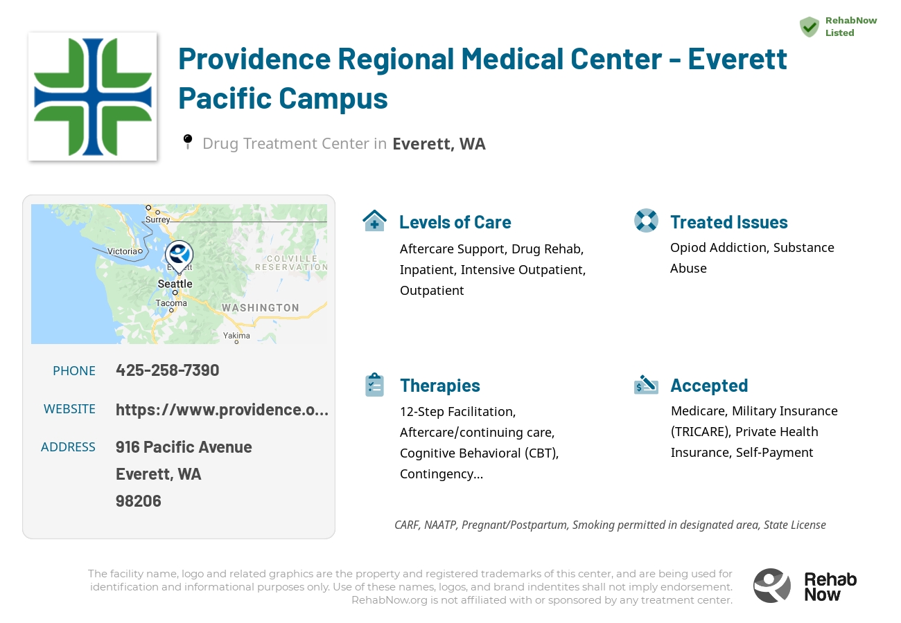 Helpful reference information for Providence Regional Medical Center - Everett Pacific Campus, a drug treatment center in Washington located at: 916 Pacific Avenue, Everett, WA 98206, including phone numbers, official website, and more. Listed briefly is an overview of Levels of Care, Therapies Offered, Issues Treated, and accepted forms of Payment Methods.