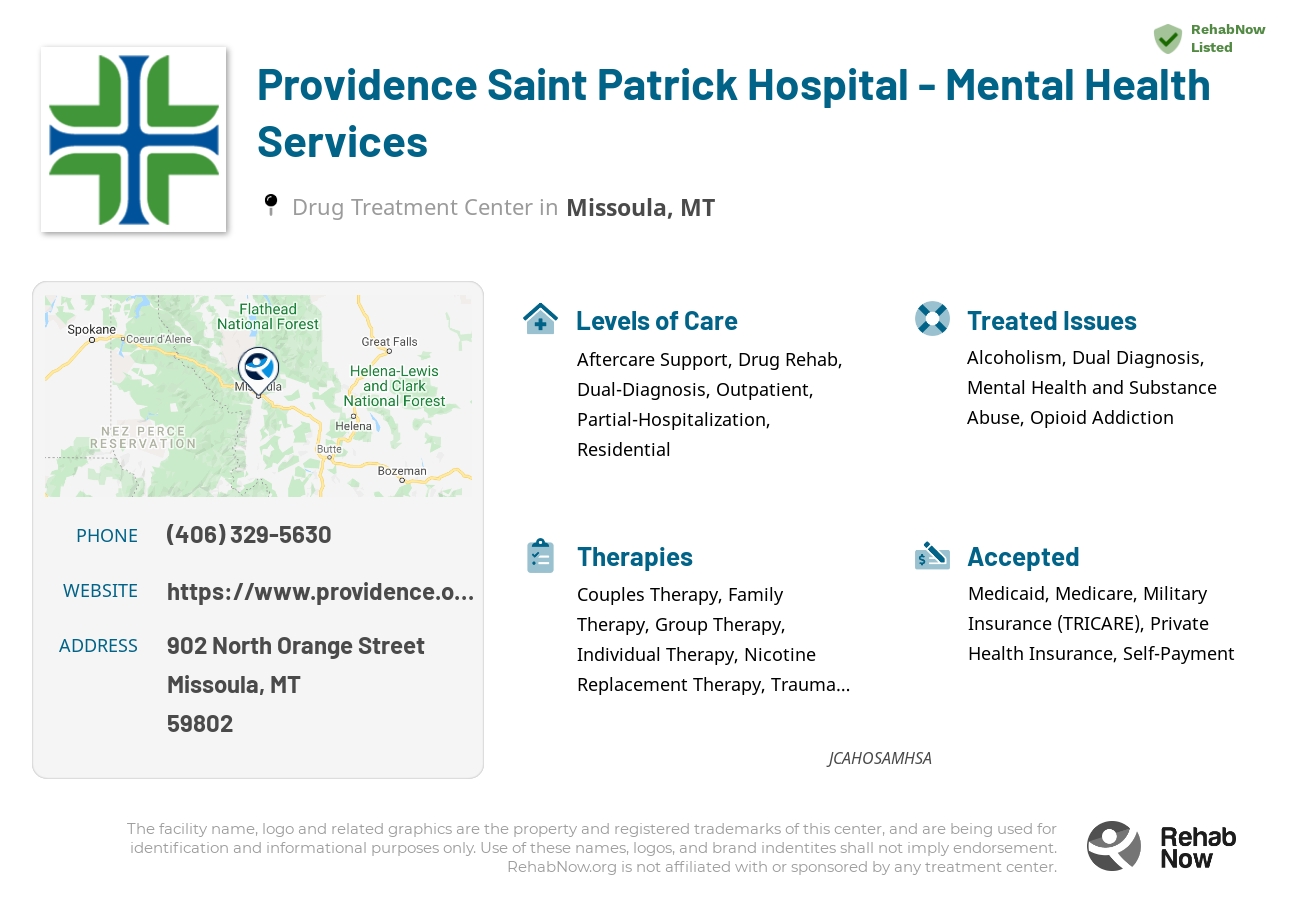 Helpful reference information for Providence Saint Patrick Hospital - Mental Health Services, a drug treatment center in Montana located at: 902 902 North Orange Street, Missoula, MT 59802, including phone numbers, official website, and more. Listed briefly is an overview of Levels of Care, Therapies Offered, Issues Treated, and accepted forms of Payment Methods.