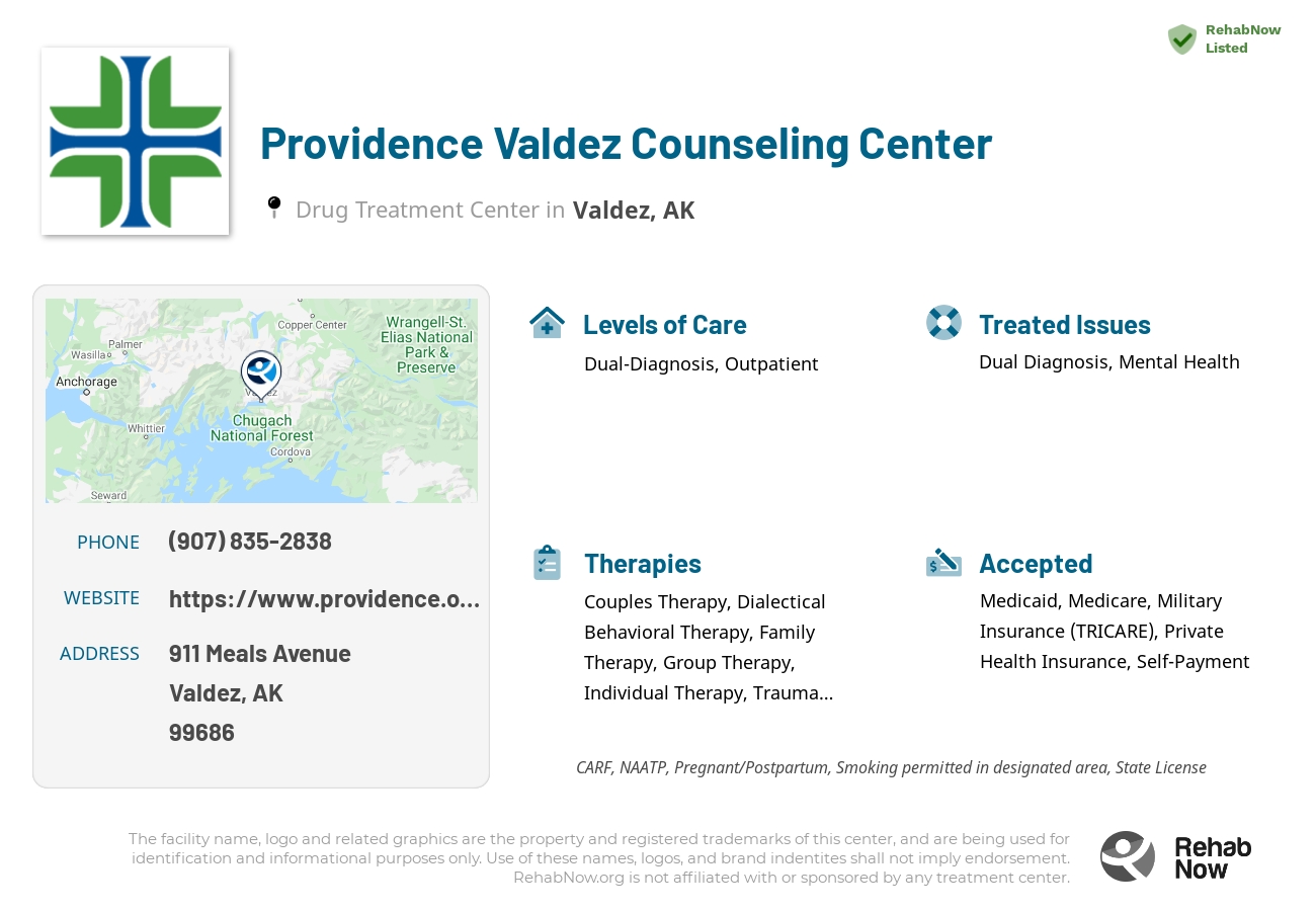 Helpful reference information for Providence Valdez Counseling Center, a drug treatment center in Alaska located at: 911 Meals Avenue, Valdez, AK, 99686, including phone numbers, official website, and more. Listed briefly is an overview of Levels of Care, Therapies Offered, Issues Treated, and accepted forms of Payment Methods.