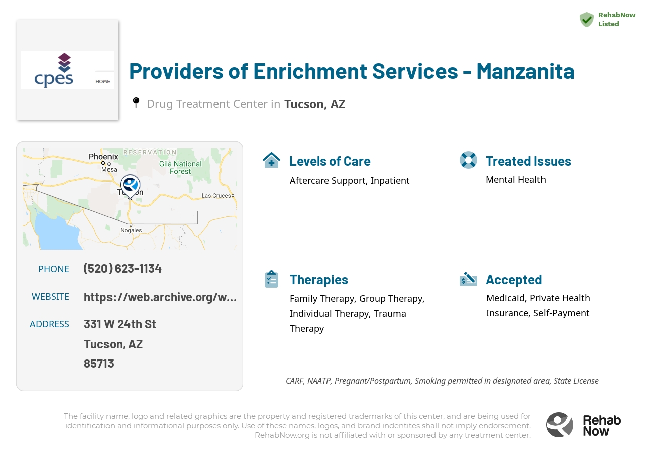 Helpful reference information for Providers of Enrichment Services - Manzanita, a drug treatment center in Arizona located at: 331 W 24th St, Tucson, AZ 85713, including phone numbers, official website, and more. Listed briefly is an overview of Levels of Care, Therapies Offered, Issues Treated, and accepted forms of Payment Methods.