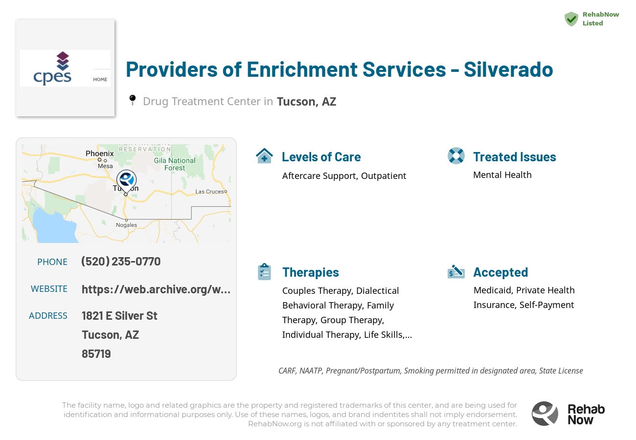 Helpful reference information for Providers of Enrichment Services - Silverado, a drug treatment center in Arizona located at: 1821 E Silver St, Tucson, AZ 85719, including phone numbers, official website, and more. Listed briefly is an overview of Levels of Care, Therapies Offered, Issues Treated, and accepted forms of Payment Methods.