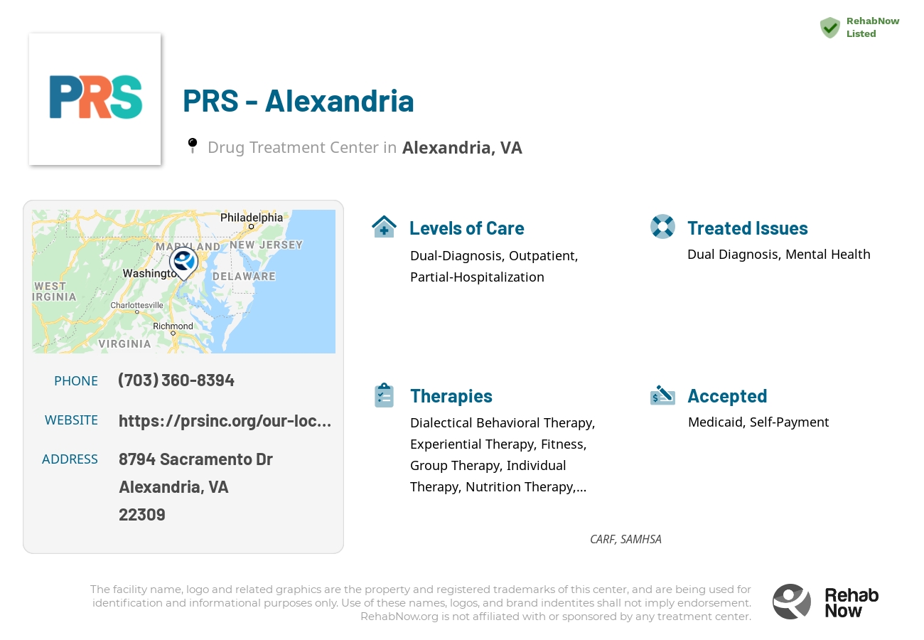 Helpful reference information for PRS - Alexandria, a drug treatment center in Virginia located at: 8794 Sacramento Dr, Alexandria, VA 22309, including phone numbers, official website, and more. Listed briefly is an overview of Levels of Care, Therapies Offered, Issues Treated, and accepted forms of Payment Methods.