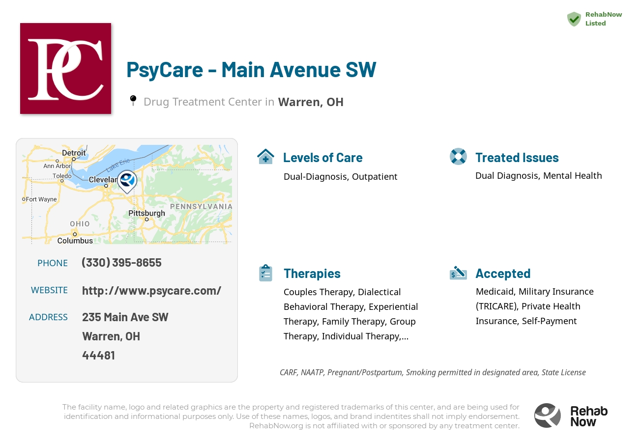 Helpful reference information for PsyCare - Main Avenue SW, a drug treatment center in Ohio located at: 235 Main Ave SW, Warren, OH 44481, including phone numbers, official website, and more. Listed briefly is an overview of Levels of Care, Therapies Offered, Issues Treated, and accepted forms of Payment Methods.