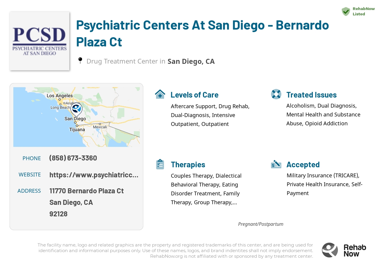 Helpful reference information for Psychiatric Centers At San Diego - Bernardo Plaza Ct, a drug treatment center in California located at: 11770 Bernardo Plaza Ct, San Diego, CA 92128, including phone numbers, official website, and more. Listed briefly is an overview of Levels of Care, Therapies Offered, Issues Treated, and accepted forms of Payment Methods.