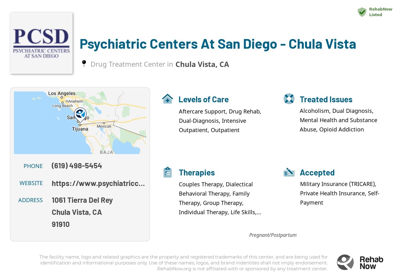 Helpful reference information for Psychiatric Centers At San Diego - Chula Vista, a drug treatment center in California located at: 1061 Tierra Del Rey, Chula Vista, CA 91910, including phone numbers, official website, and more. Listed briefly is an overview of Levels of Care, Therapies Offered, Issues Treated, and accepted forms of Payment Methods.