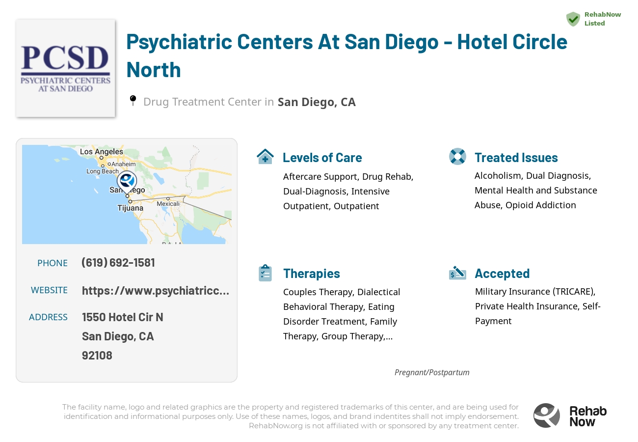 Helpful reference information for Psychiatric Centers At San Diego - Hotel Circle North, a drug treatment center in California located at: 1550 Hotel Cir N, San Diego, CA 92108, including phone numbers, official website, and more. Listed briefly is an overview of Levels of Care, Therapies Offered, Issues Treated, and accepted forms of Payment Methods.