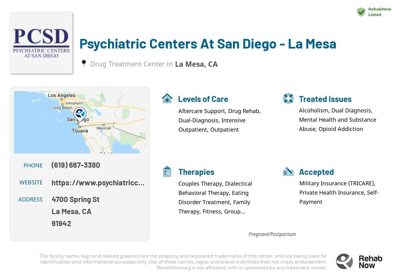 Helpful reference information for Psychiatric Centers At San Diego - La Mesa, a drug treatment center in California located at: 4700 Spring St, La Mesa, CA 91942, including phone numbers, official website, and more. Listed briefly is an overview of Levels of Care, Therapies Offered, Issues Treated, and accepted forms of Payment Methods.