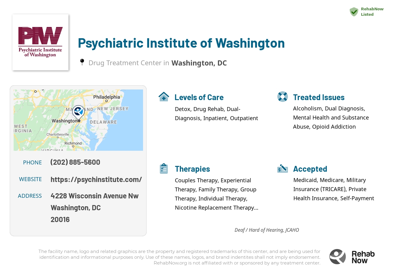 Helpful reference information for Psychiatric Institute of Washington, a drug treatment center in District of Columbia located at: 4228 Wisconsin Avenue Nw, Washington, DC, 20016, including phone numbers, official website, and more. Listed briefly is an overview of Levels of Care, Therapies Offered, Issues Treated, and accepted forms of Payment Methods.