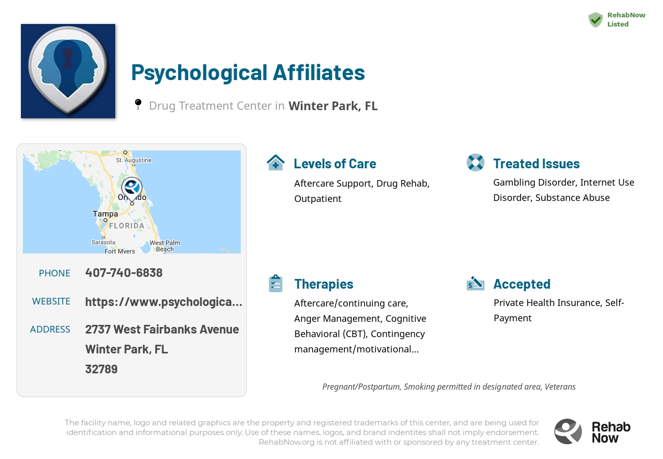 Helpful reference information for Psychological Affiliates, a drug treatment center in Florida located at: 2737 West Fairbanks Avenue, Winter Park, FL 32789, including phone numbers, official website, and more. Listed briefly is an overview of Levels of Care, Therapies Offered, Issues Treated, and accepted forms of Payment Methods.