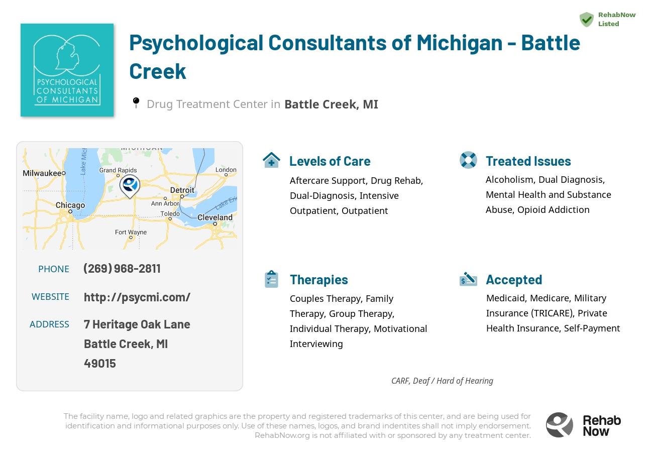 Helpful reference information for Psychological Consultants of Michigan - Battle Creek, a drug treatment center in Michigan located at: 7 Heritage Oak Lane, Battle Creek, MI, 49015, including phone numbers, official website, and more. Listed briefly is an overview of Levels of Care, Therapies Offered, Issues Treated, and accepted forms of Payment Methods.
