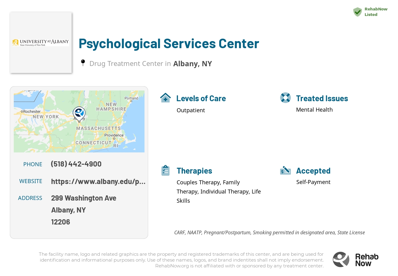 Helpful reference information for Psychological Services Center, a drug treatment center in New York located at: 299 Washington Ave, Albany, NY 12206, including phone numbers, official website, and more. Listed briefly is an overview of Levels of Care, Therapies Offered, Issues Treated, and accepted forms of Payment Methods.