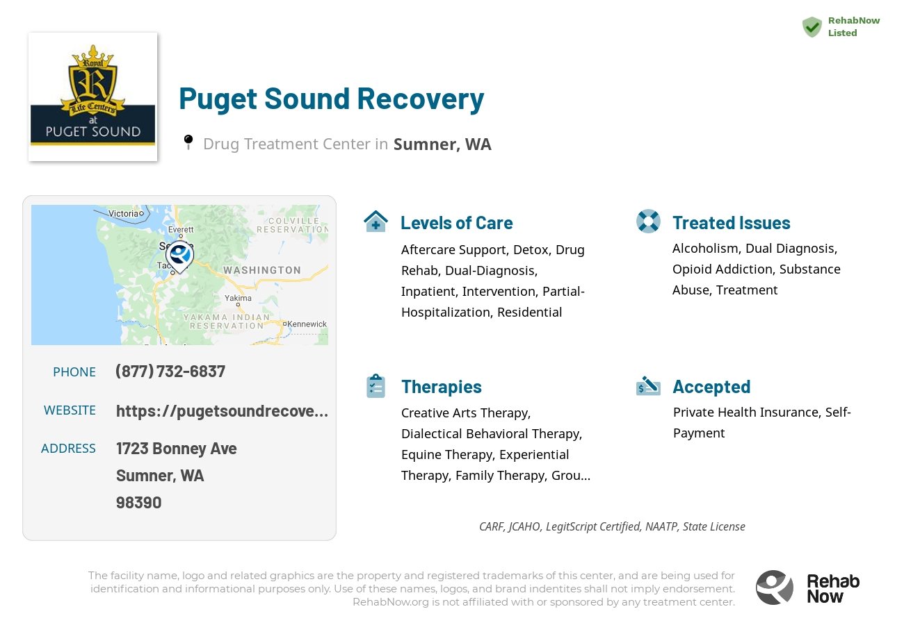 Helpful reference information for Puget Sound Recovery, a drug treatment center in Washington located at: 1723 Bonney Ave, Sumner, WA 98390, including phone numbers, official website, and more. Listed briefly is an overview of Levels of Care, Therapies Offered, Issues Treated, and accepted forms of Payment Methods.