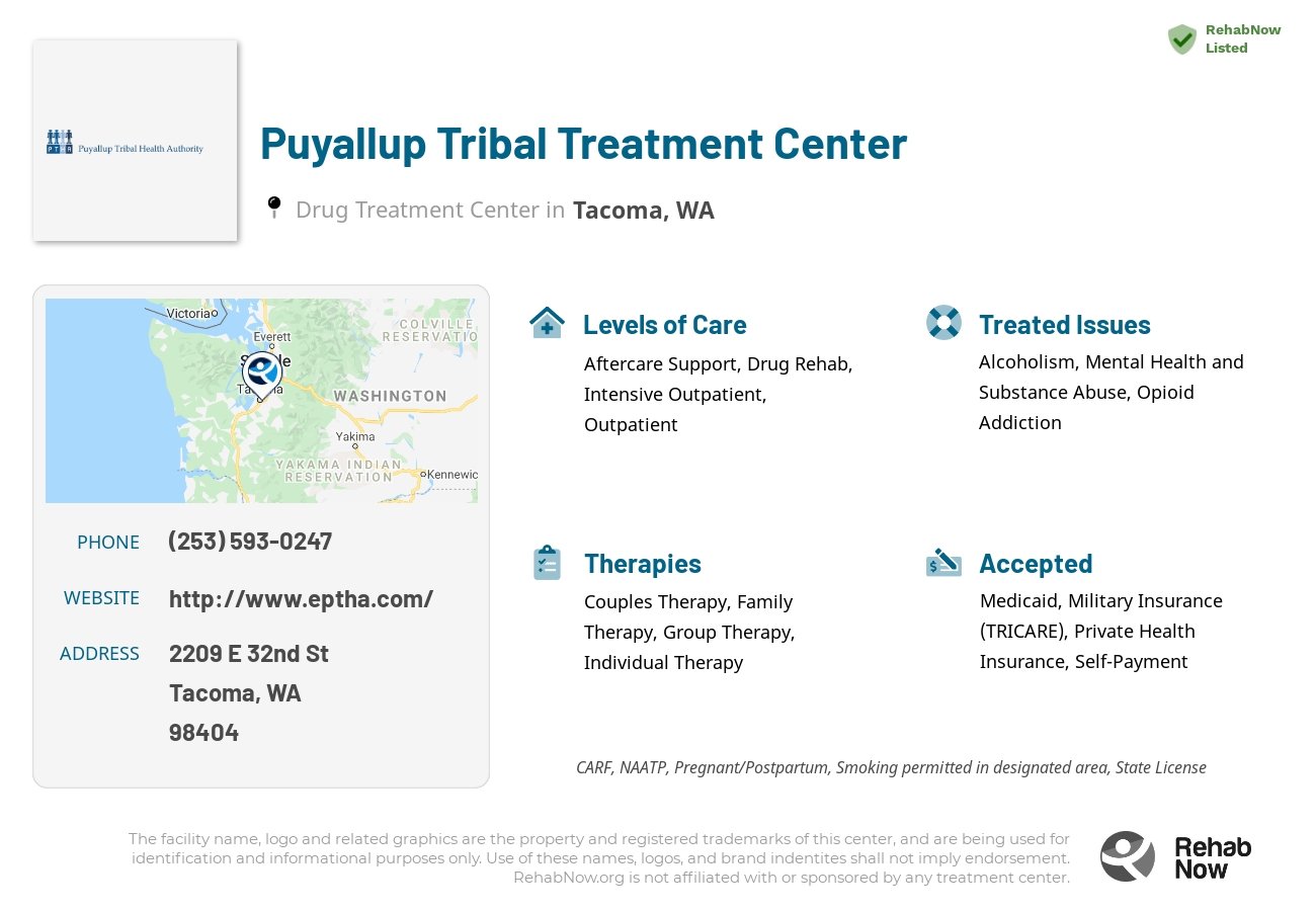 Helpful reference information for Puyallup Tribal Treatment Center, a drug treatment center in Washington located at: 2209 E 32nd St, Tacoma, WA 98404, including phone numbers, official website, and more. Listed briefly is an overview of Levels of Care, Therapies Offered, Issues Treated, and accepted forms of Payment Methods.