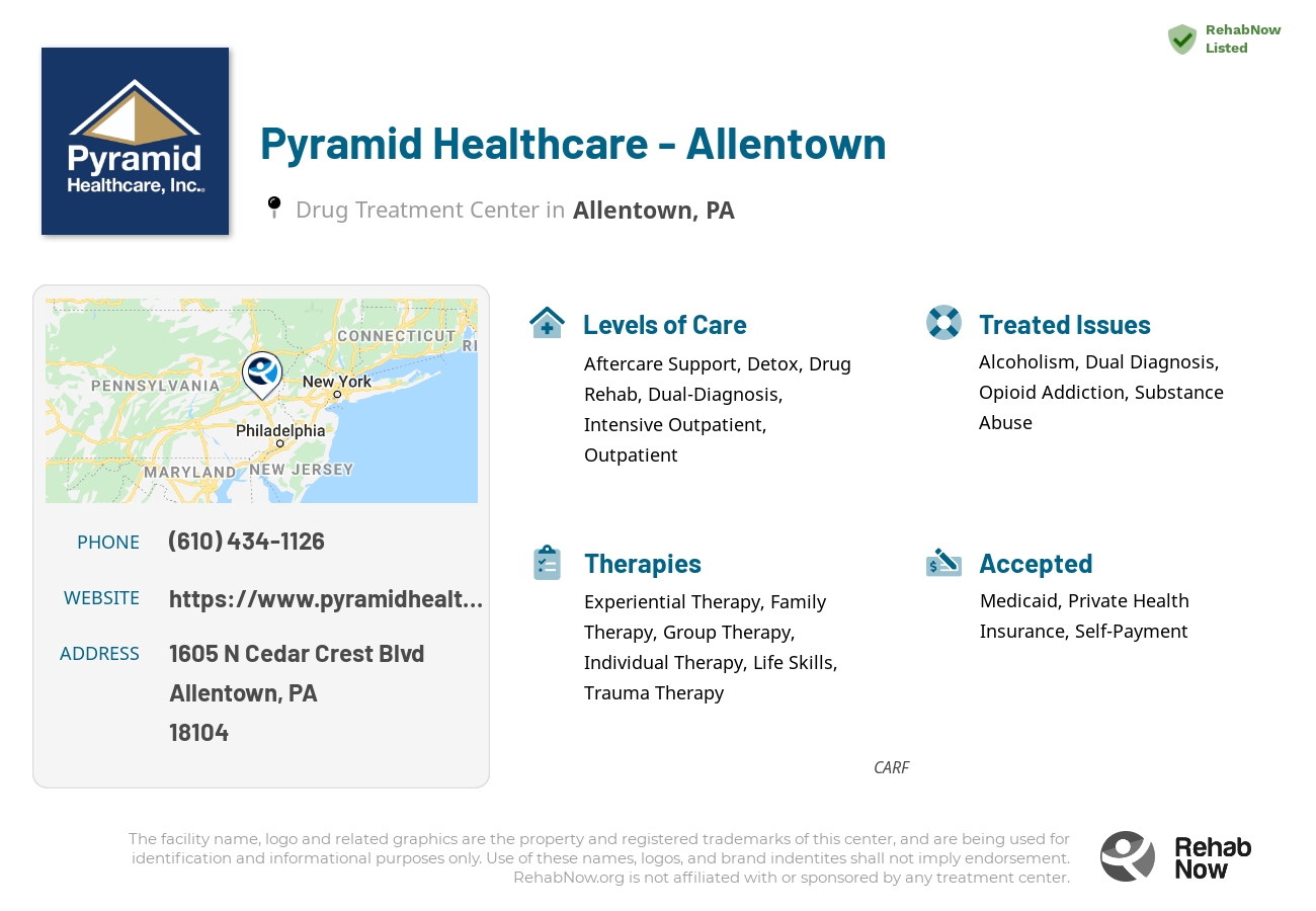 Helpful reference information for Pyramid Healthcare - Allentown, a drug treatment center in Pennsylvania located at: 1605 N Cedar Crest Blvd, Allentown, PA 18104, including phone numbers, official website, and more. Listed briefly is an overview of Levels of Care, Therapies Offered, Issues Treated, and accepted forms of Payment Methods.