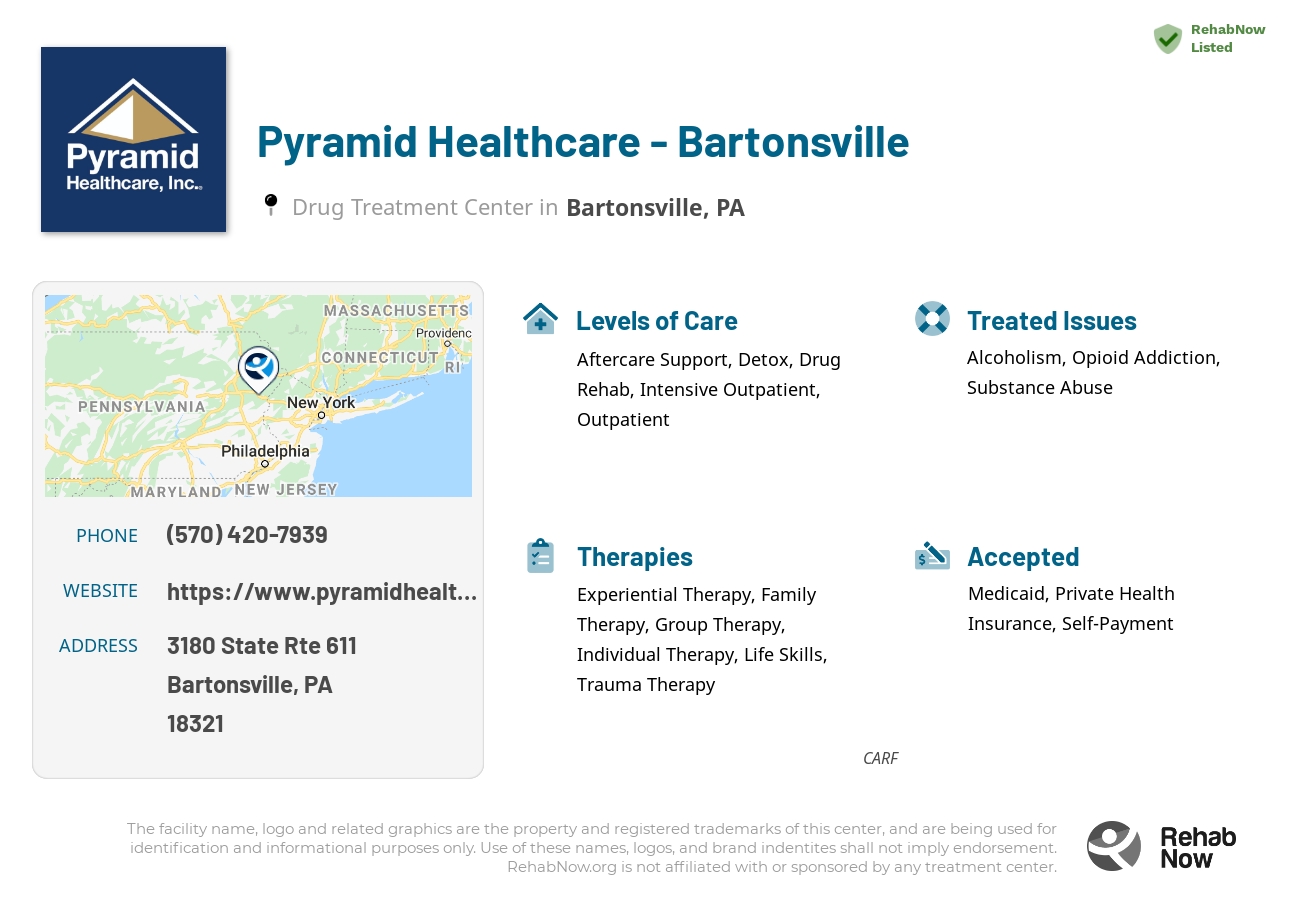 Helpful reference information for Pyramid Healthcare - Bartonsville, a drug treatment center in Pennsylvania located at: 3180 State Rte 611, Bartonsville, PA 18321, including phone numbers, official website, and more. Listed briefly is an overview of Levels of Care, Therapies Offered, Issues Treated, and accepted forms of Payment Methods.
