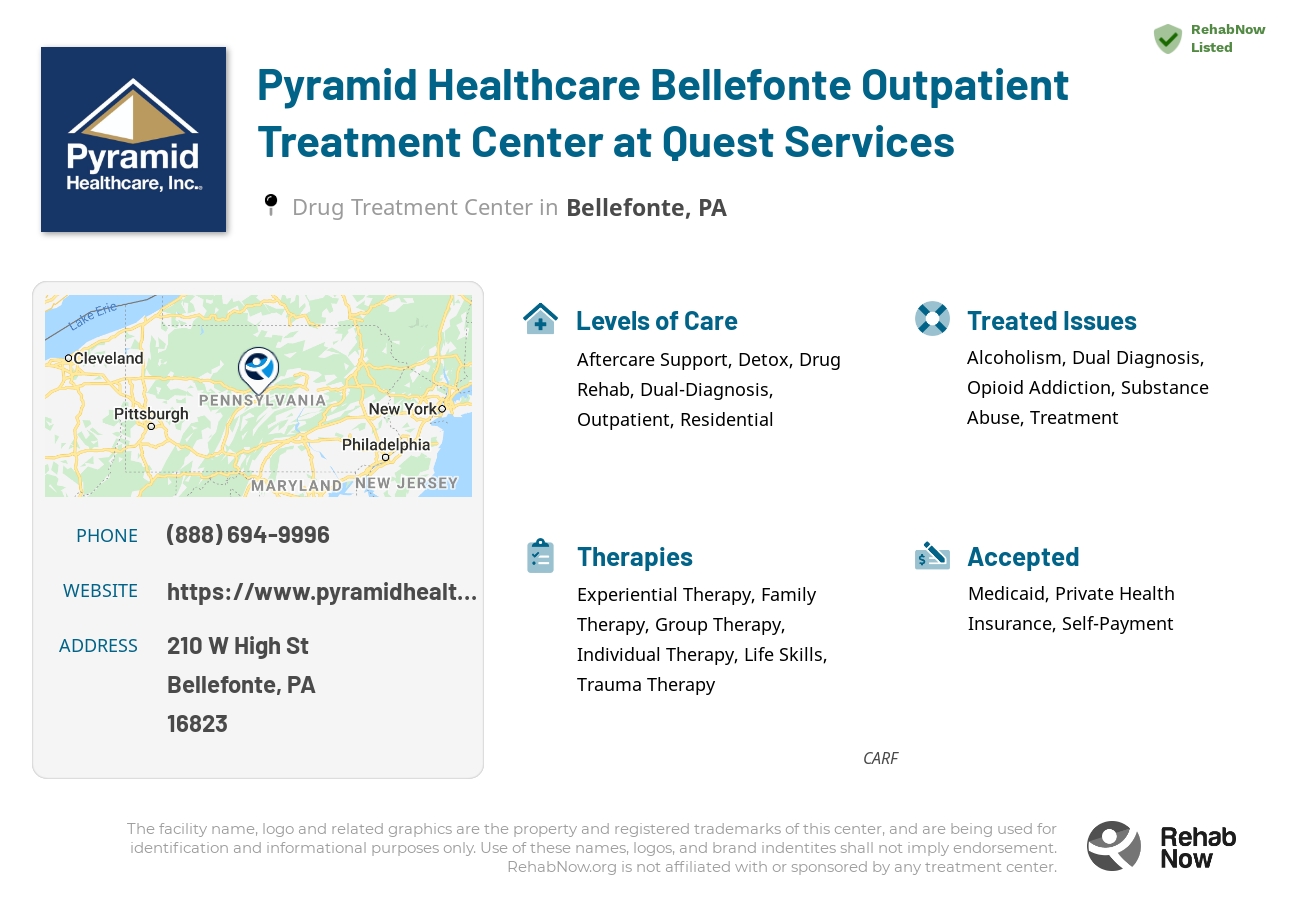 Helpful reference information for Pyramid Healthcare Bellefonte Outpatient Treatment Center at Quest Services, a drug treatment center in Pennsylvania located at: 210 W High St, Bellefonte, PA 16823, including phone numbers, official website, and more. Listed briefly is an overview of Levels of Care, Therapies Offered, Issues Treated, and accepted forms of Payment Methods.