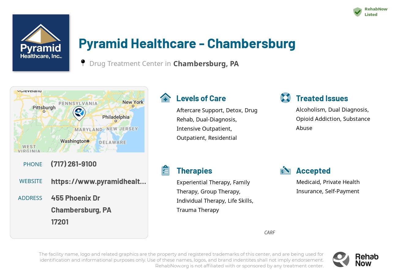 Helpful reference information for Pyramid Healthcare - Chambersburg, a drug treatment center in Pennsylvania located at: 455 Phoenix Dr, Chambersburg, PA 17201, including phone numbers, official website, and more. Listed briefly is an overview of Levels of Care, Therapies Offered, Issues Treated, and accepted forms of Payment Methods.