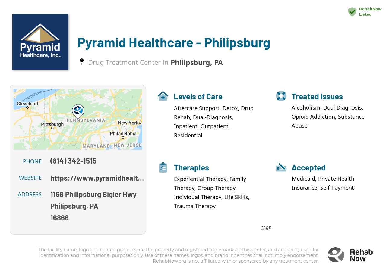 Helpful reference information for Pyramid Healthcare - Philipsburg, a drug treatment center in Pennsylvania located at: 1169 Philipsburg Bigler Hwy, Philipsburg, PA 16866, including phone numbers, official website, and more. Listed briefly is an overview of Levels of Care, Therapies Offered, Issues Treated, and accepted forms of Payment Methods.