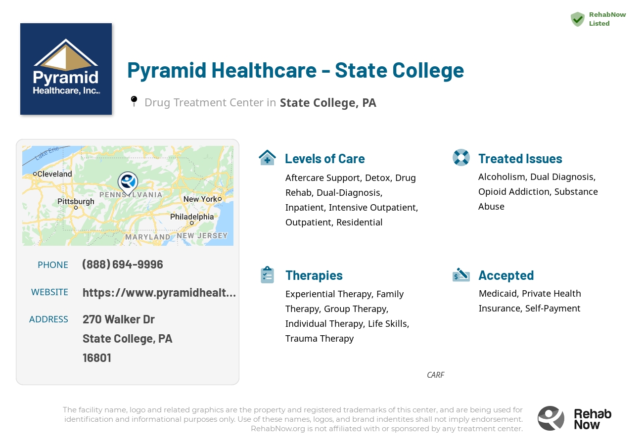 Helpful reference information for Pyramid Healthcare - State College, a drug treatment center in Pennsylvania located at: 270 Walker Dr, State College, PA 16801, including phone numbers, official website, and more. Listed briefly is an overview of Levels of Care, Therapies Offered, Issues Treated, and accepted forms of Payment Methods.