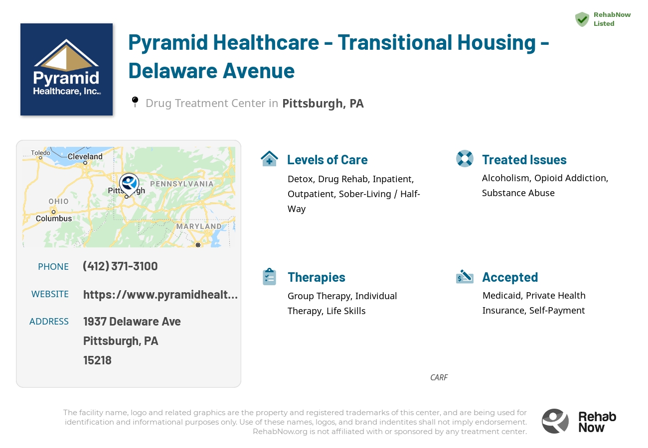 Helpful reference information for Pyramid Healthcare - Transitional Housing - Delaware Avenue, a drug treatment center in Pennsylvania located at: 1937 Delaware Ave, Pittsburgh, PA 15218, including phone numbers, official website, and more. Listed briefly is an overview of Levels of Care, Therapies Offered, Issues Treated, and accepted forms of Payment Methods.
