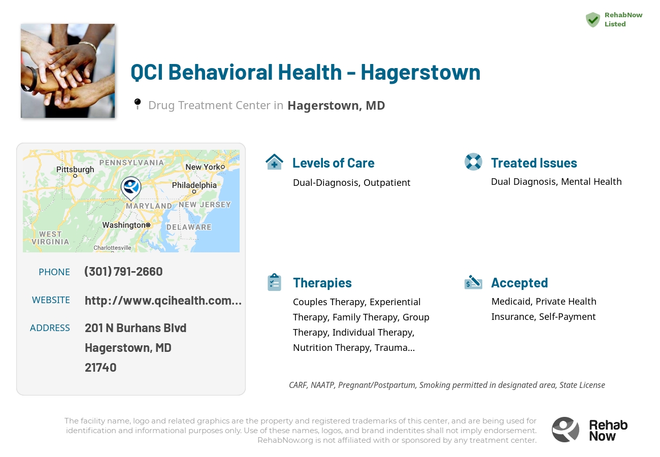 Helpful reference information for QCI Behavioral Health - Hagerstown, a drug treatment center in Maryland located at: 201 N Burhans Blvd, Hagerstown, MD 21740, including phone numbers, official website, and more. Listed briefly is an overview of Levels of Care, Therapies Offered, Issues Treated, and accepted forms of Payment Methods.