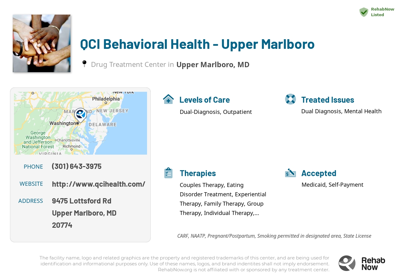 Helpful reference information for QCI Behavioral Health - Upper Marlboro, a drug treatment center in Maryland located at: 9475 Lottsford Rd, Upper Marlboro, MD 20774, including phone numbers, official website, and more. Listed briefly is an overview of Levels of Care, Therapies Offered, Issues Treated, and accepted forms of Payment Methods.