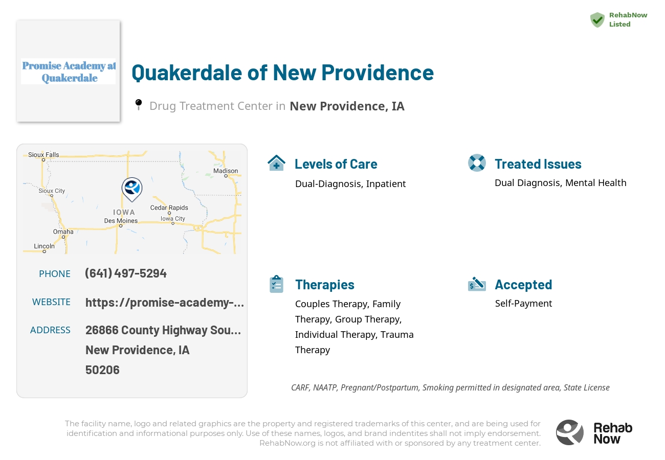 Helpful reference information for Quakerdale of New Providence, a drug treatment center in Iowa located at: 26866 County Highway South 55, New Providence, IA, 50206, including phone numbers, official website, and more. Listed briefly is an overview of Levels of Care, Therapies Offered, Issues Treated, and accepted forms of Payment Methods.