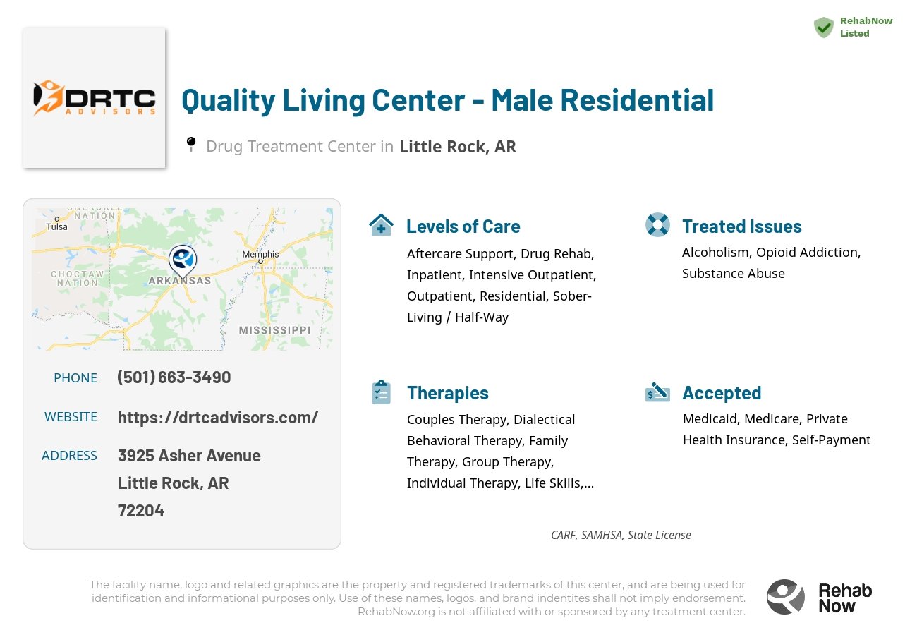 Helpful reference information for Quality Living Center - Male Residential, a drug treatment center in Arkansas located at: 3925 Asher Avenue, Little Rock, AR, 72204, including phone numbers, official website, and more. Listed briefly is an overview of Levels of Care, Therapies Offered, Issues Treated, and accepted forms of Payment Methods.