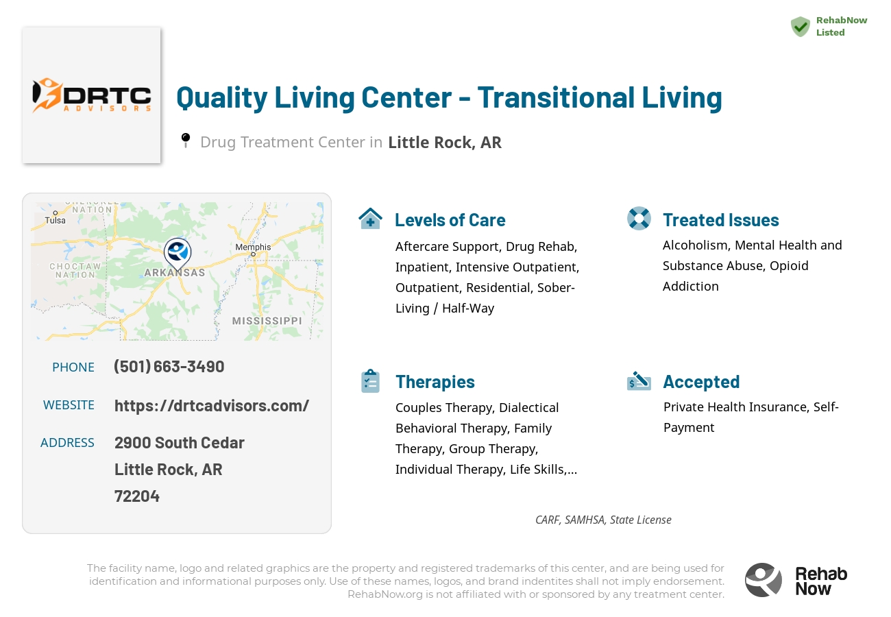 Helpful reference information for Quality Living Center - Transitional Living, a drug treatment center in Arkansas located at: 2900 South Cedar, Little Rock, AR, 72204, including phone numbers, official website, and more. Listed briefly is an overview of Levels of Care, Therapies Offered, Issues Treated, and accepted forms of Payment Methods.