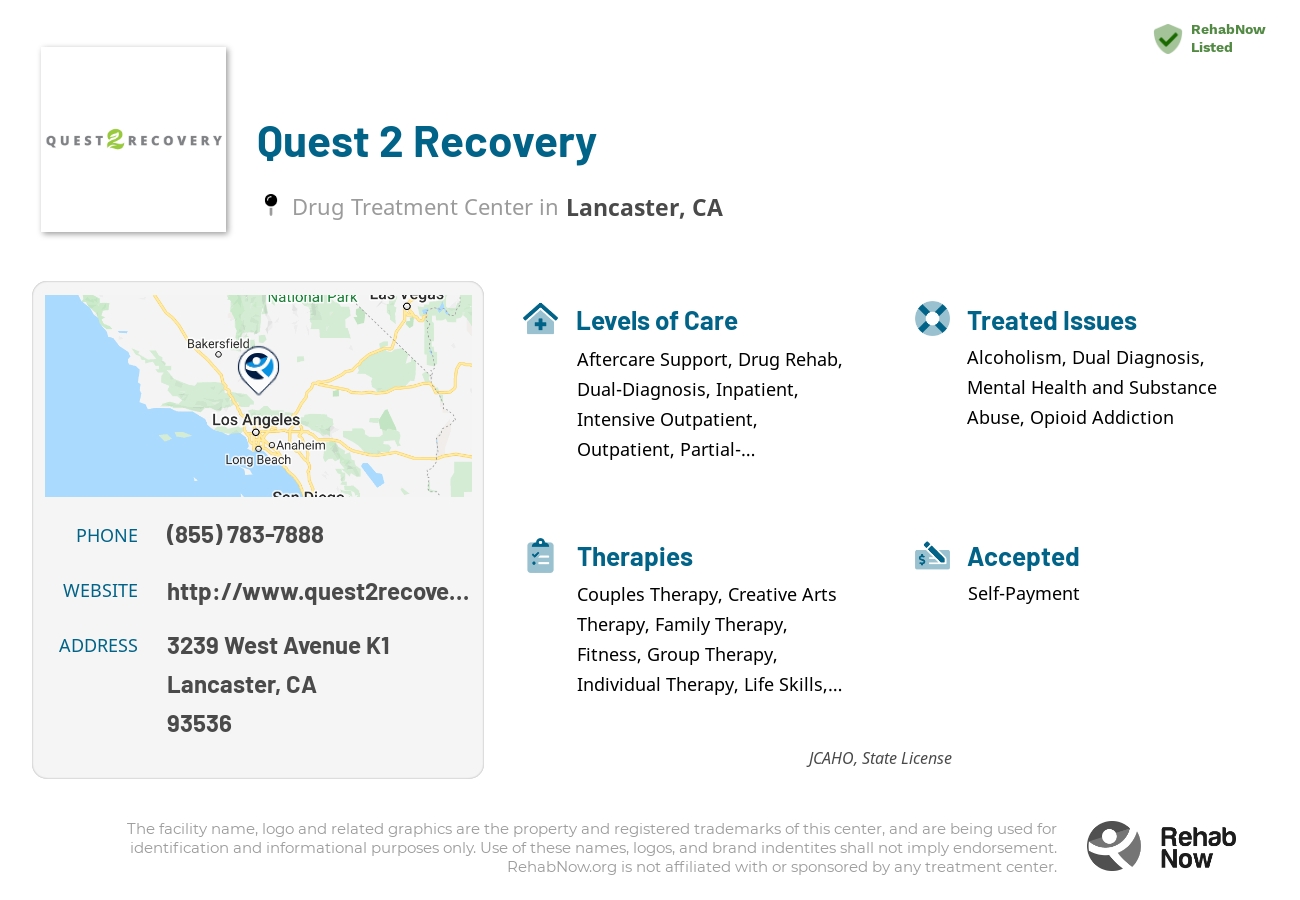 Helpful reference information for Quest 2 Recovery, a drug treatment center in California located at: 3239 West Avenue K1, Lancaster, CA, 93536, including phone numbers, official website, and more. Listed briefly is an overview of Levels of Care, Therapies Offered, Issues Treated, and accepted forms of Payment Methods.