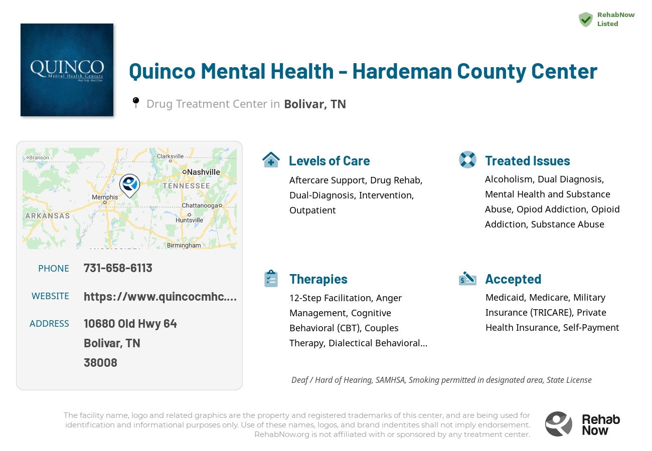 Helpful reference information for Quinco Mental Health - Hardeman County Center, a drug treatment center in Tennessee located at: 10680 Old Hwy 64, Bolivar, TN 38008, including phone numbers, official website, and more. Listed briefly is an overview of Levels of Care, Therapies Offered, Issues Treated, and accepted forms of Payment Methods.