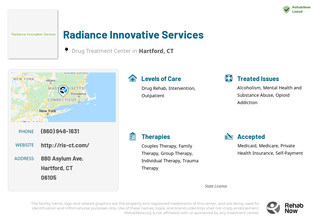 Helpful reference information for Radiance Innovative Services, a drug treatment center in Connecticut located at: 880 Asylum Ave., Hartford, CT, 06105, including phone numbers, official website, and more. Listed briefly is an overview of Levels of Care, Therapies Offered, Issues Treated, and accepted forms of Payment Methods.