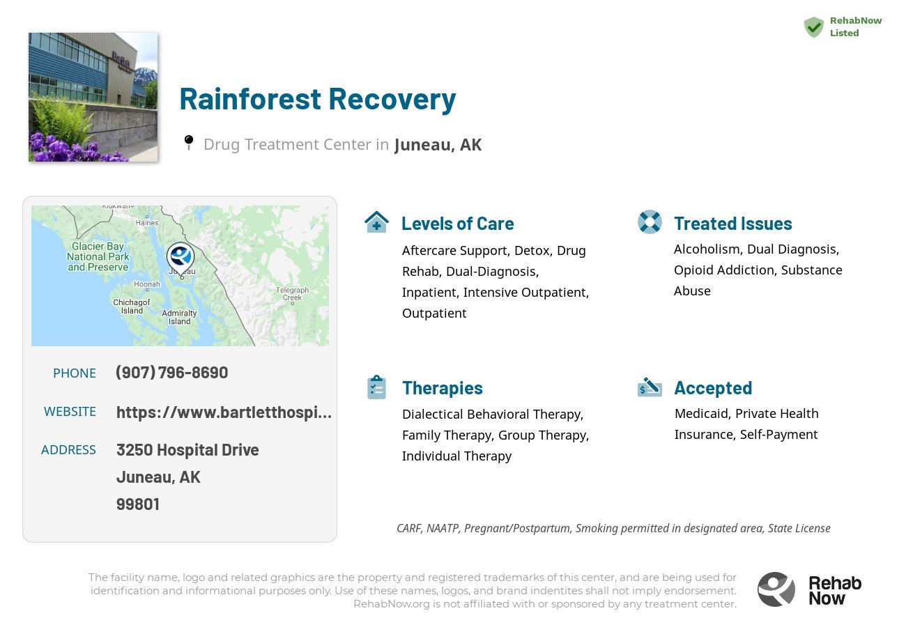 Helpful reference information for Rainforest Recovery, a drug treatment center in Alaska located at: 3250 Hospital Drive, Juneau, AK, 99801, including phone numbers, official website, and more. Listed briefly is an overview of Levels of Care, Therapies Offered, Issues Treated, and accepted forms of Payment Methods.