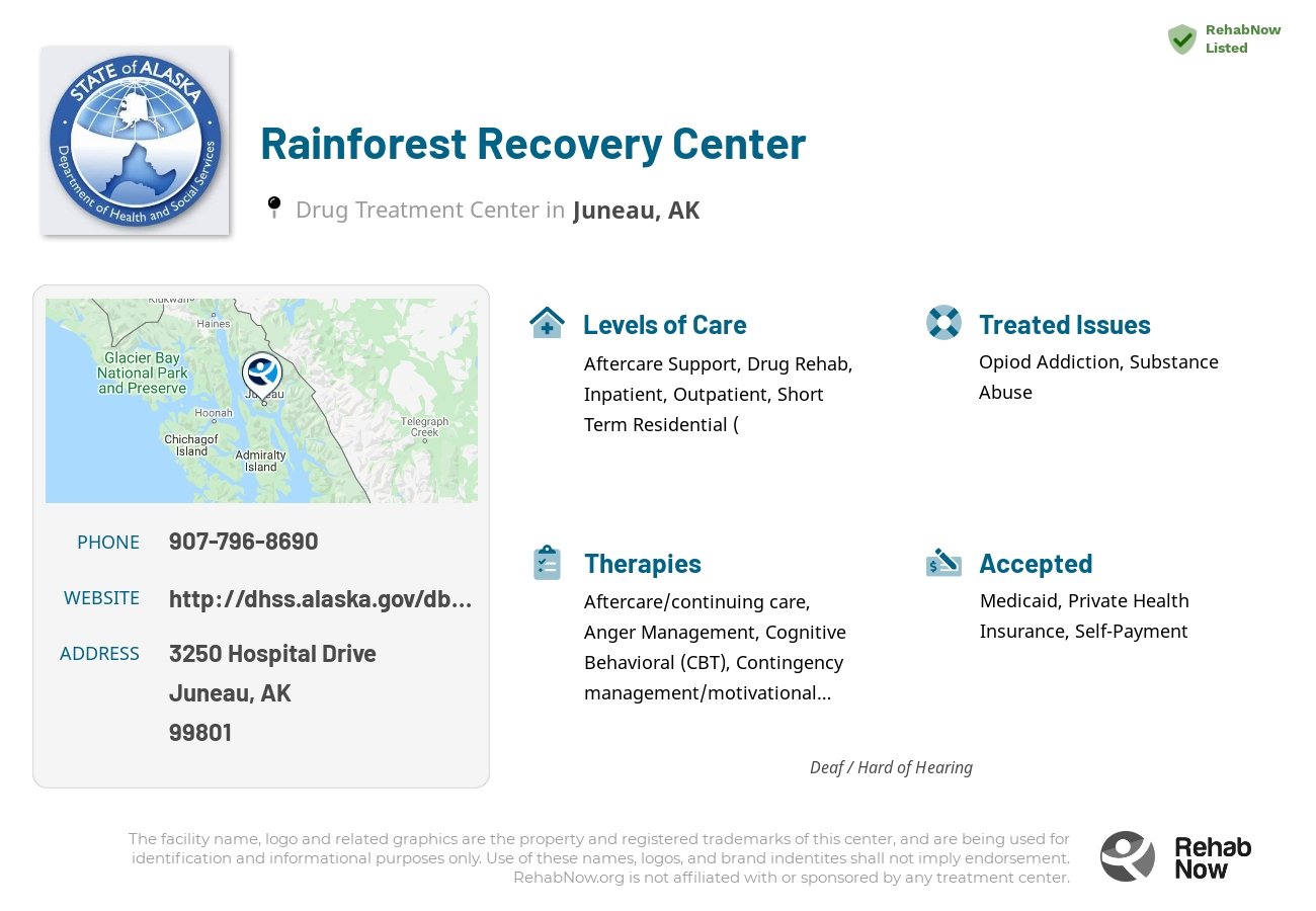 Helpful reference information for Rainforest Recovery Center, a drug treatment center in Alaska located at: 3250 Hospital Drive, Juneau, AK 99801, including phone numbers, official website, and more. Listed briefly is an overview of Levels of Care, Therapies Offered, Issues Treated, and accepted forms of Payment Methods.