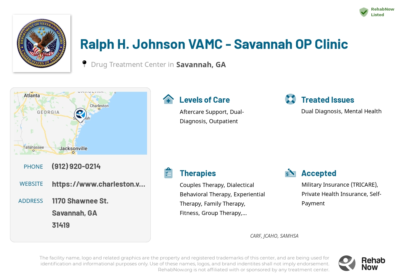 Helpful reference information for Ralph H. Johnson VAMC - Savannah OP Clinic, a drug treatment center in Georgia located at: 1170 1170 Shawnee St., Savannah, GA 31419, including phone numbers, official website, and more. Listed briefly is an overview of Levels of Care, Therapies Offered, Issues Treated, and accepted forms of Payment Methods.