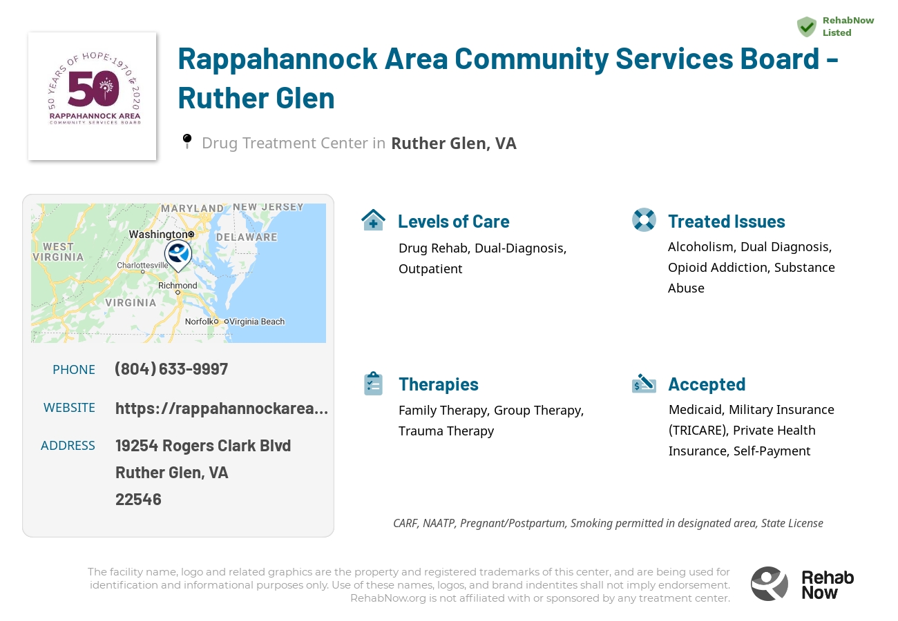 Helpful reference information for Rappahannock Area Community Services Board - Ruther Glen, a drug treatment center in Virginia located at: 19254 Rogers Clark Blvd, Ruther Glen, VA 22546, including phone numbers, official website, and more. Listed briefly is an overview of Levels of Care, Therapies Offered, Issues Treated, and accepted forms of Payment Methods.