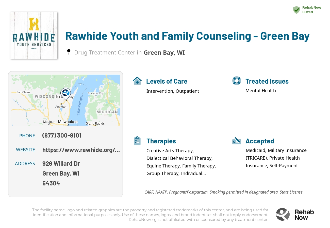 Helpful reference information for Rawhide Youth and Family Counseling - Green Bay, a drug treatment center in Wisconsin located at: 926 Willard Dr, Green Bay, WI 54304, including phone numbers, official website, and more. Listed briefly is an overview of Levels of Care, Therapies Offered, Issues Treated, and accepted forms of Payment Methods.