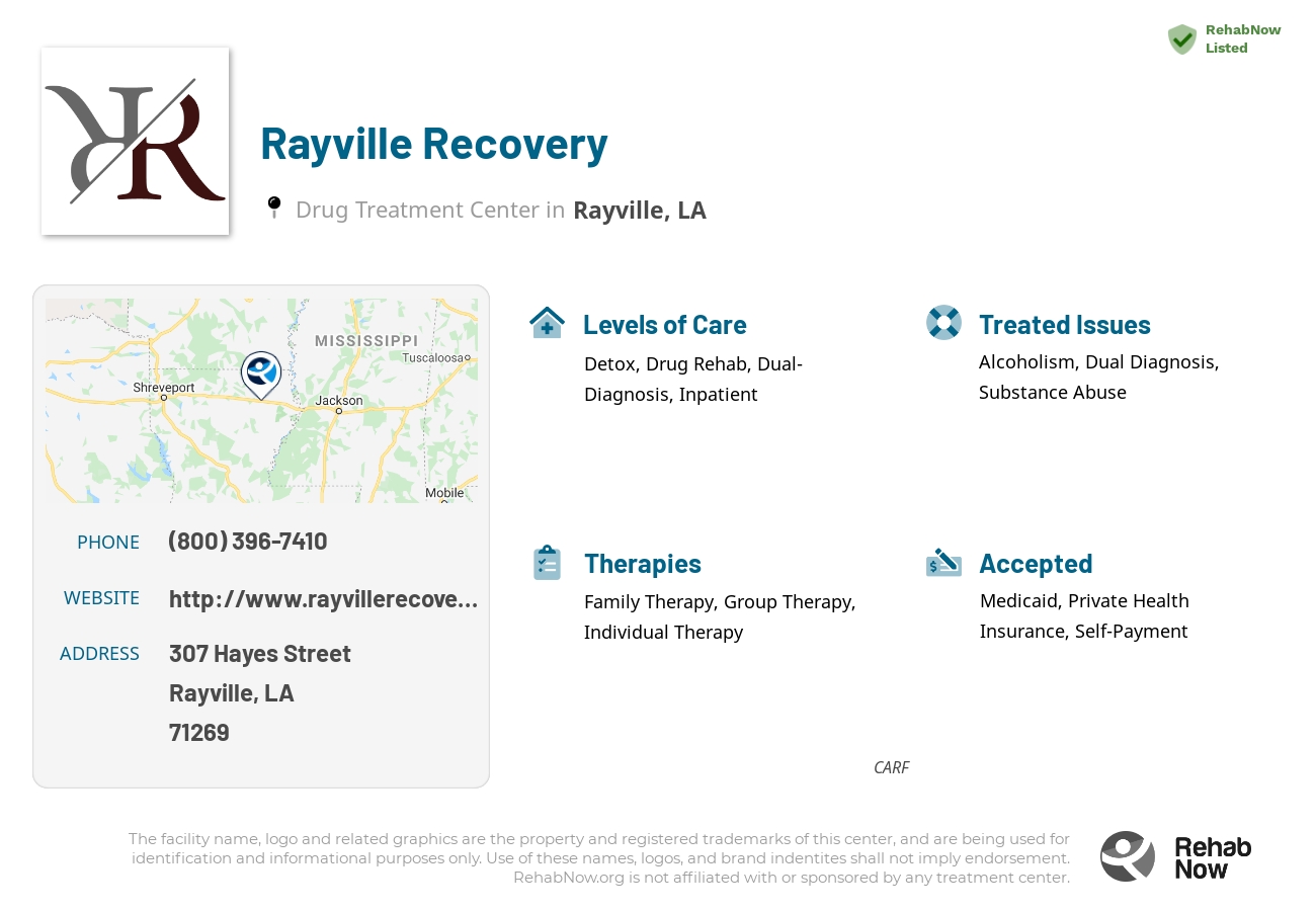 Helpful reference information for Rayville Recovery, a drug treatment center in Louisiana located at: 307 Hayes Street, Rayville, LA, 71269, including phone numbers, official website, and more. Listed briefly is an overview of Levels of Care, Therapies Offered, Issues Treated, and accepted forms of Payment Methods.