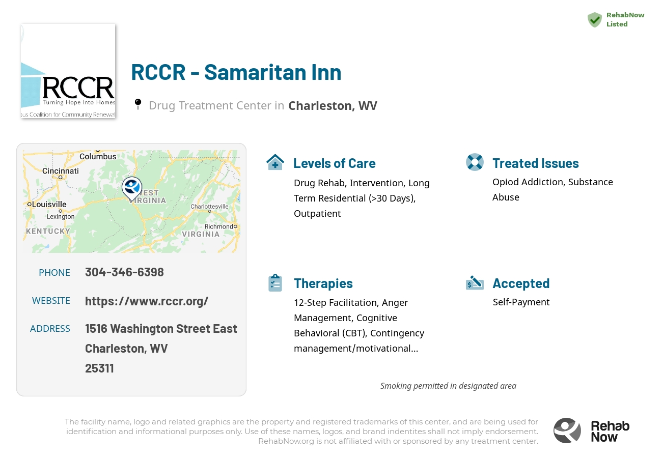 Helpful reference information for RCCR - Samaritan Inn, a drug treatment center in West Virginia located at: 1516 Washington Street East, Charleston, WV 25311, including phone numbers, official website, and more. Listed briefly is an overview of Levels of Care, Therapies Offered, Issues Treated, and accepted forms of Payment Methods.